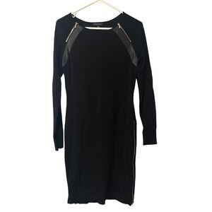Etcetera Black Knit Long Sleeve Faux Leather Trim Zip Sheath Dress XS Monochrome